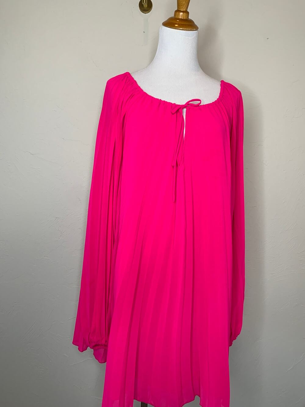 Hot PInk Pleat Swing Dress Poet Peasant Drawstring Neckline Long Sleeves Medium